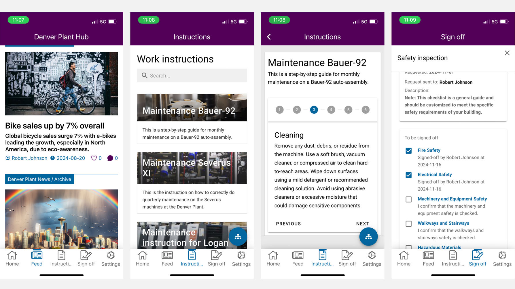 Corporate Intranet Software Example: Four mobile screens showing intranet access to news, checklists, instructions, and personal task list.