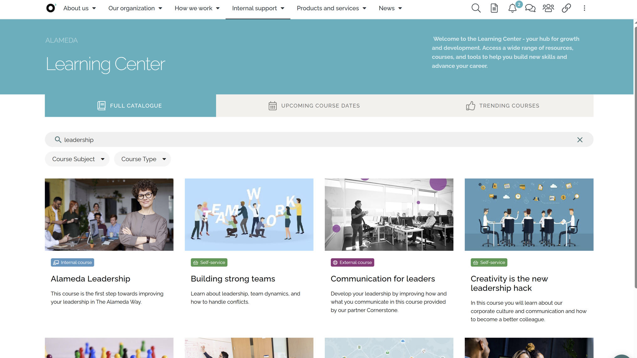 Employee intranet learning hub displaying courses, microlearning modules, and completion progress.