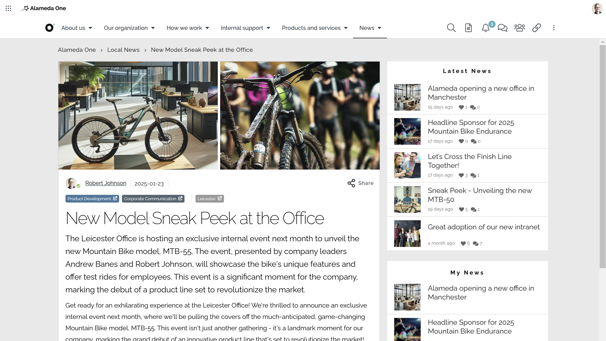Modern intranet example: personalized news article targeted to employees by department and geographic location.