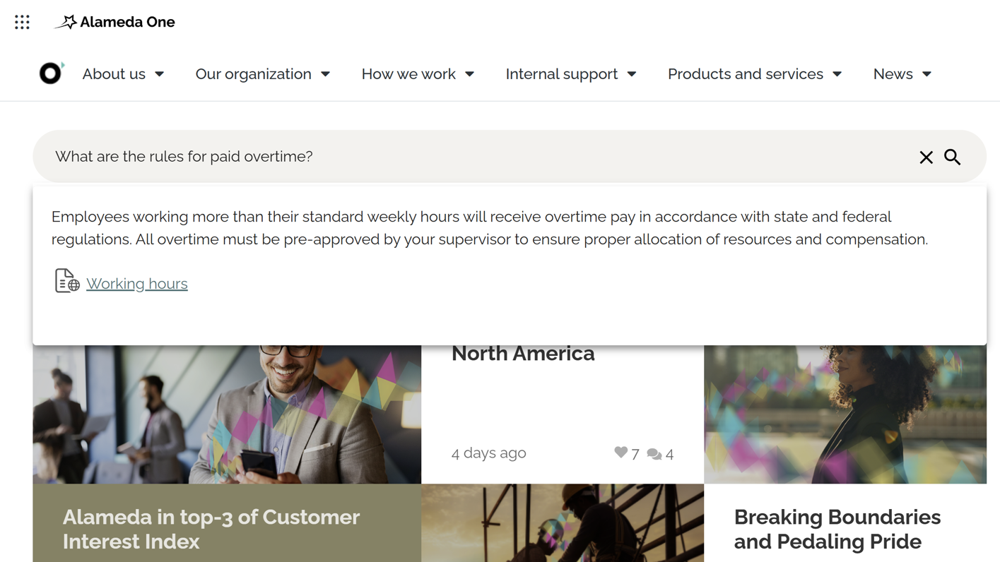 Intranet Homepage Example: Intranet homepage example with AI-powered semantic search and navigation filters.