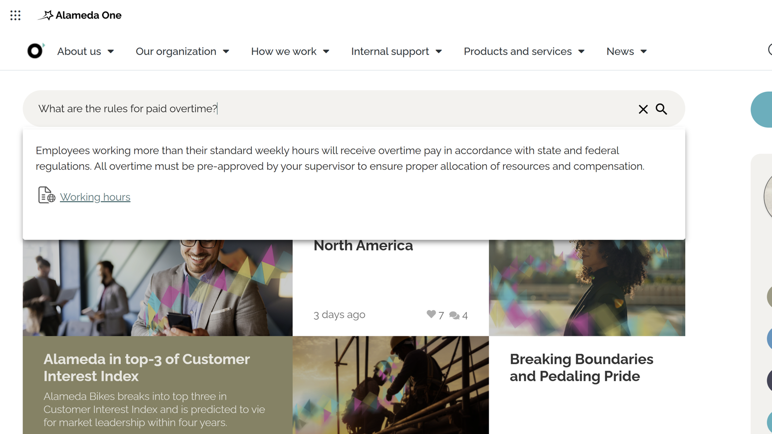 Intranet homepage search design featuring semantic search and filters to help employees find information instantly.