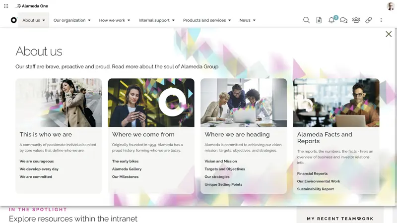 Intranet UX Example: Visual mega menus simplify navigation and improve usability across the intranet.