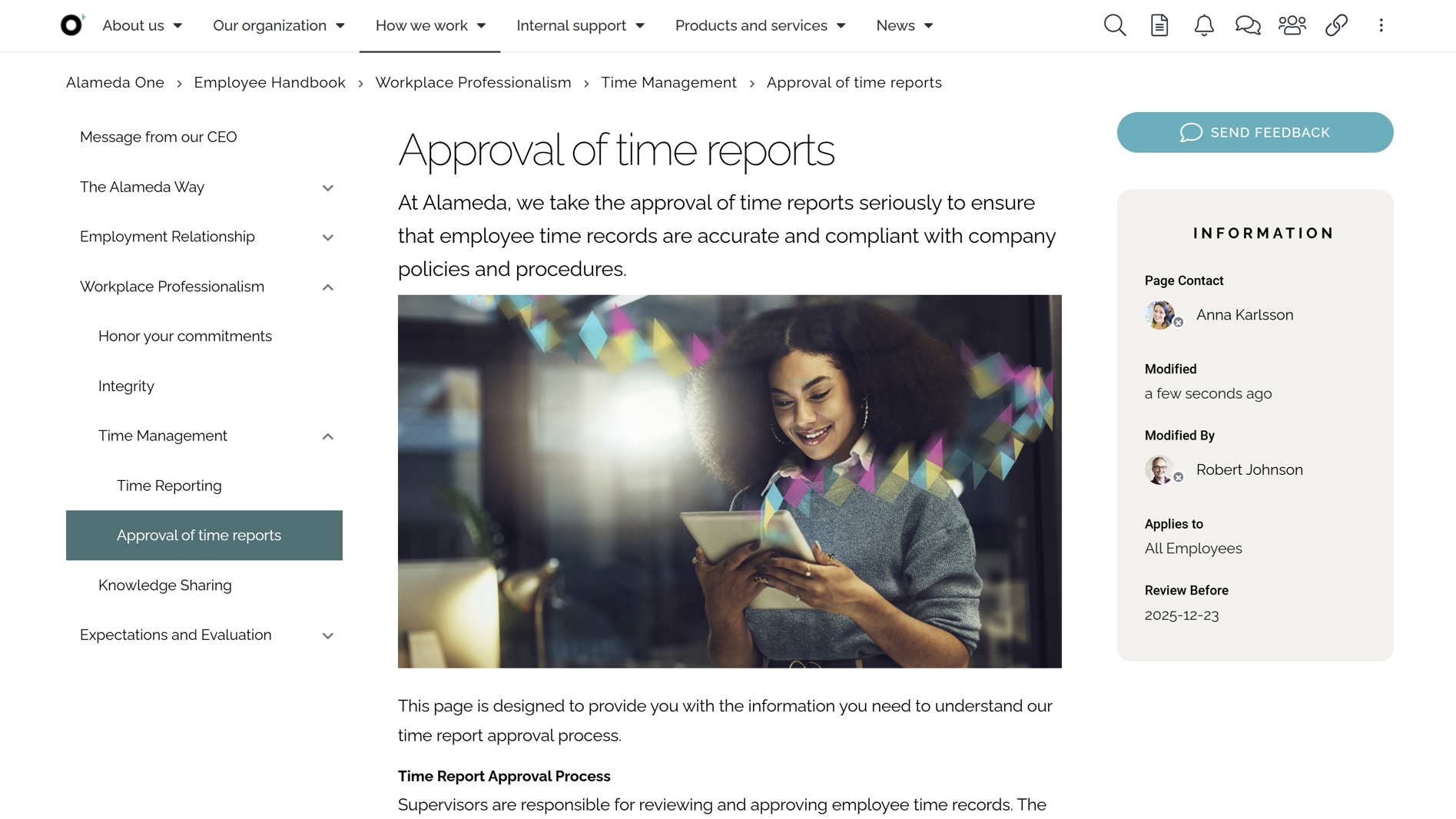 Employee handbook page shown as an intranet navigation example, using left-hand navigation and breadcrumbs to improve findability.