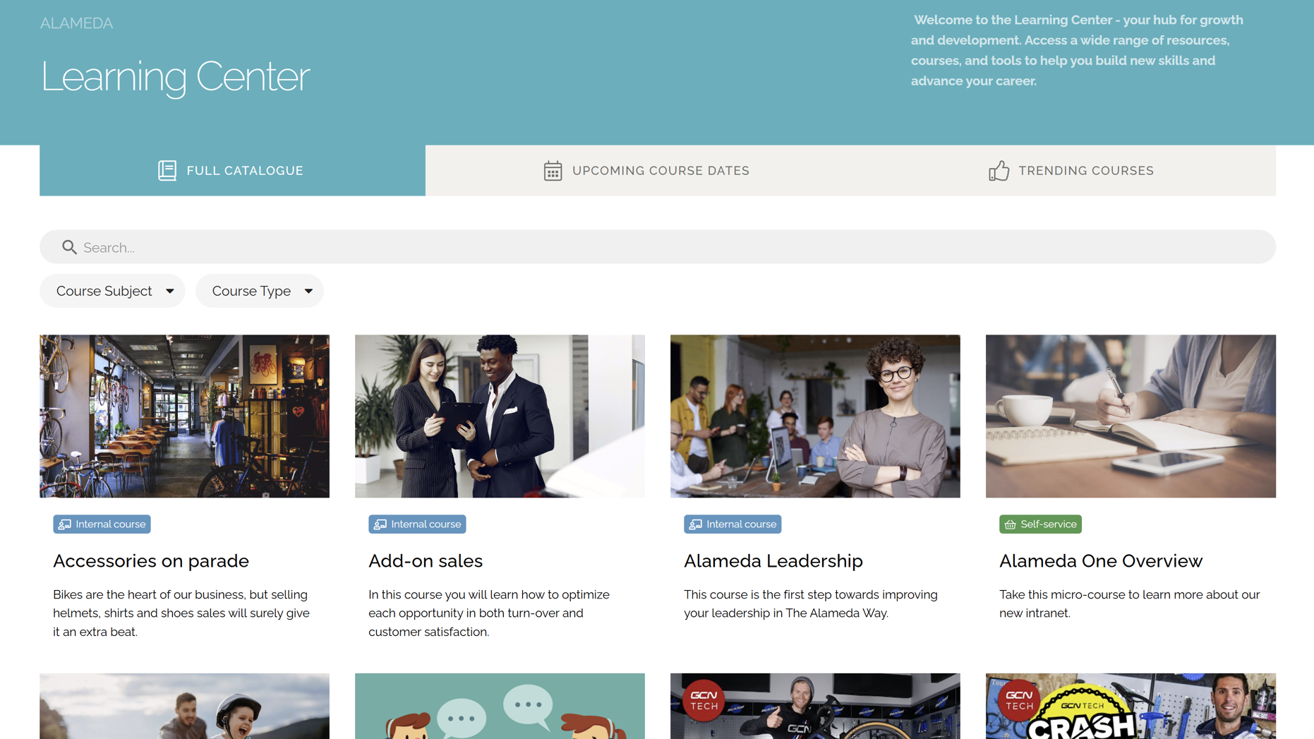Cloud based intranet learning center example with courses, skills development, and onboarding resources.