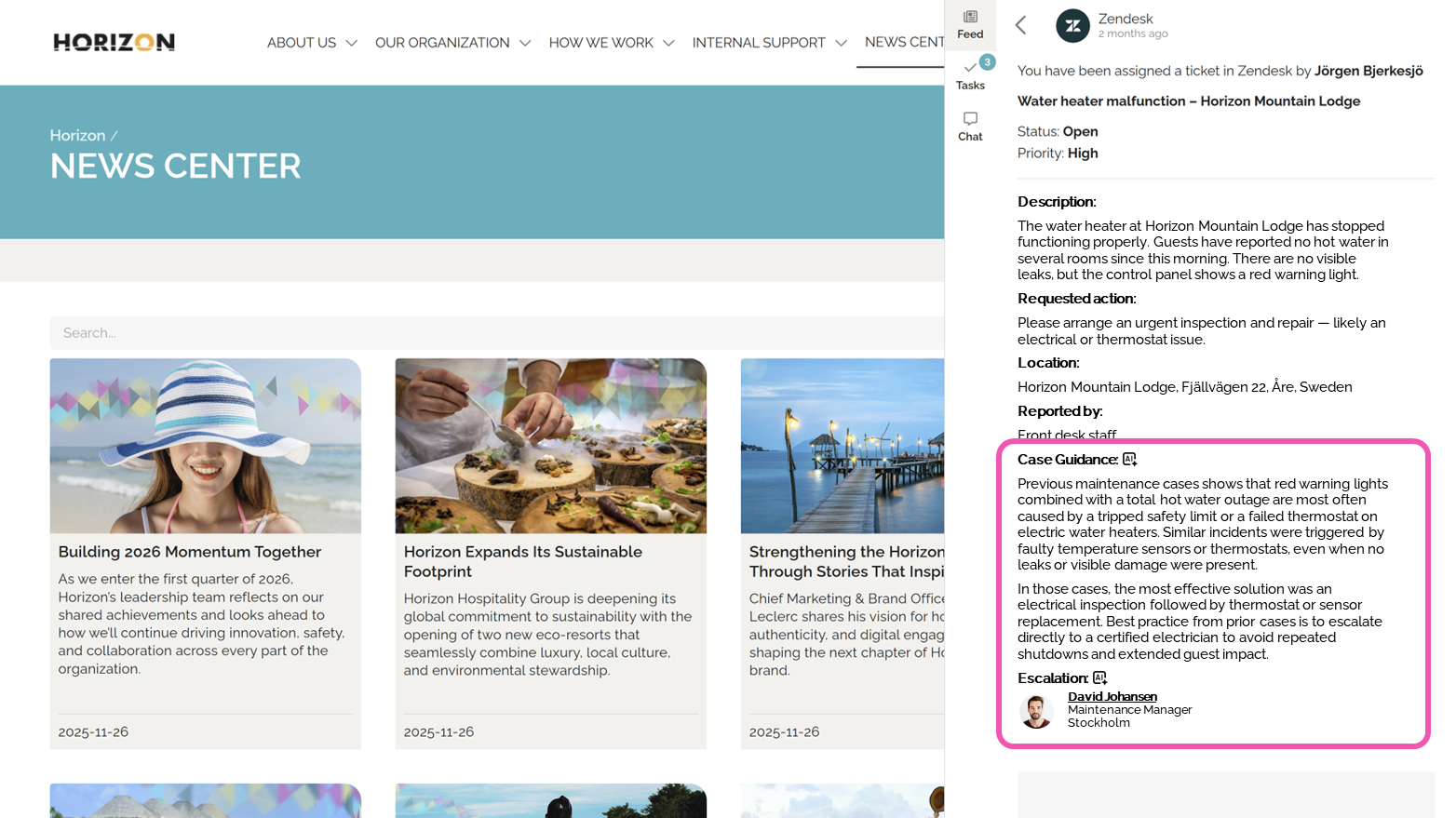 Digital workplace AI agent in an intranet platform guiding an employee through a task and escalation process