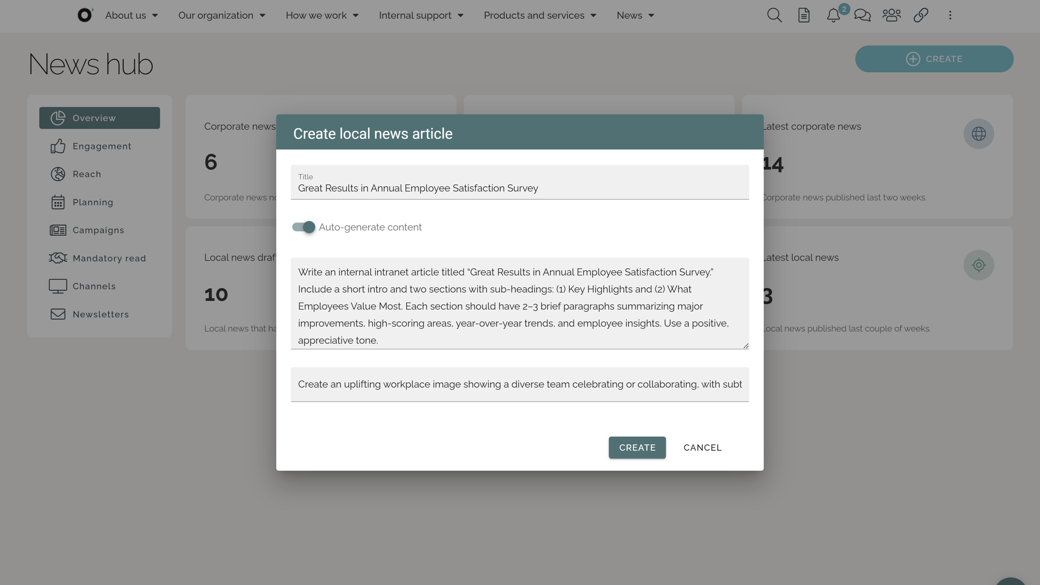 Intranet AI example: Creating a first draft of text and image for a news article.