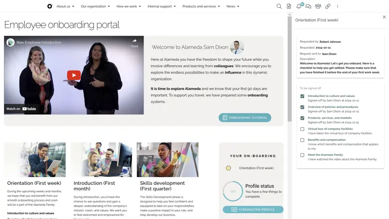 Intranet onboarding portal showing a week-by-week schedule for new employees with tasks, documents, and training modules.