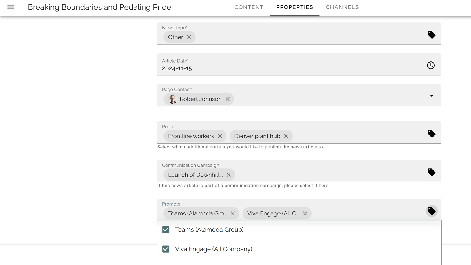 Internal communication intranet showing editors targeting news content by role, department, and location.