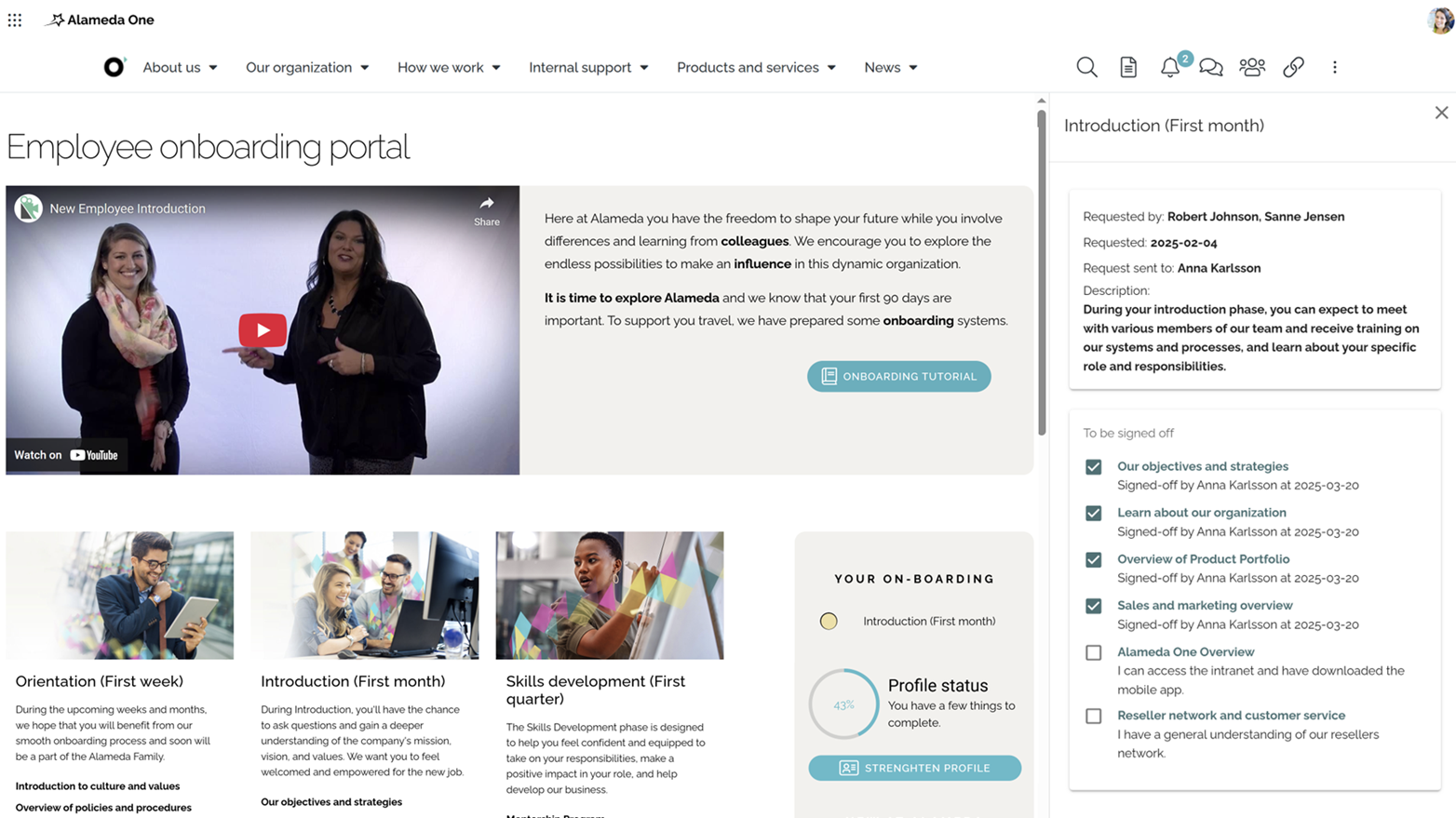 Employee intranet onboarding portal showing structured checklist and welcome resources.