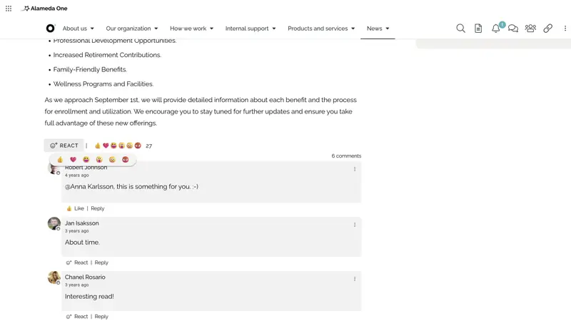 Internal communication intranet with social features such as comments, likes, and polls for employee interaction.