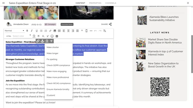 AI in intranet platforms: Improving article quality using configurable AI prompts and tone guidance
