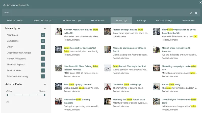 Image 2: Viewing search hits within the search category News.