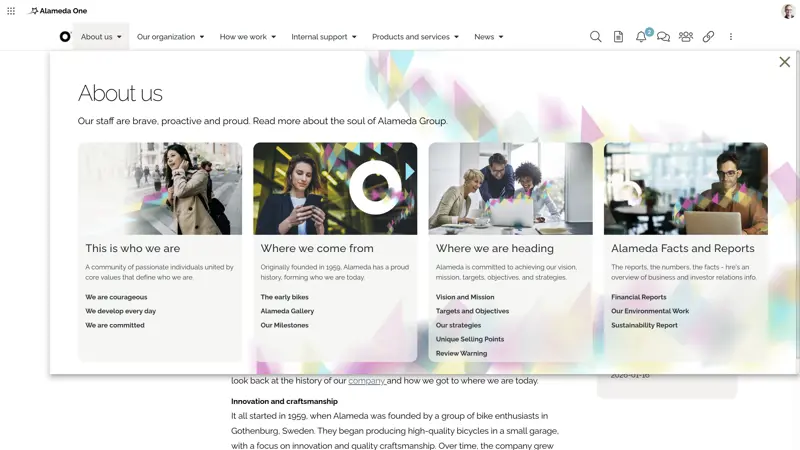 SharePoint intranet example: Role-based navigation using dynamic mega menu and directories.