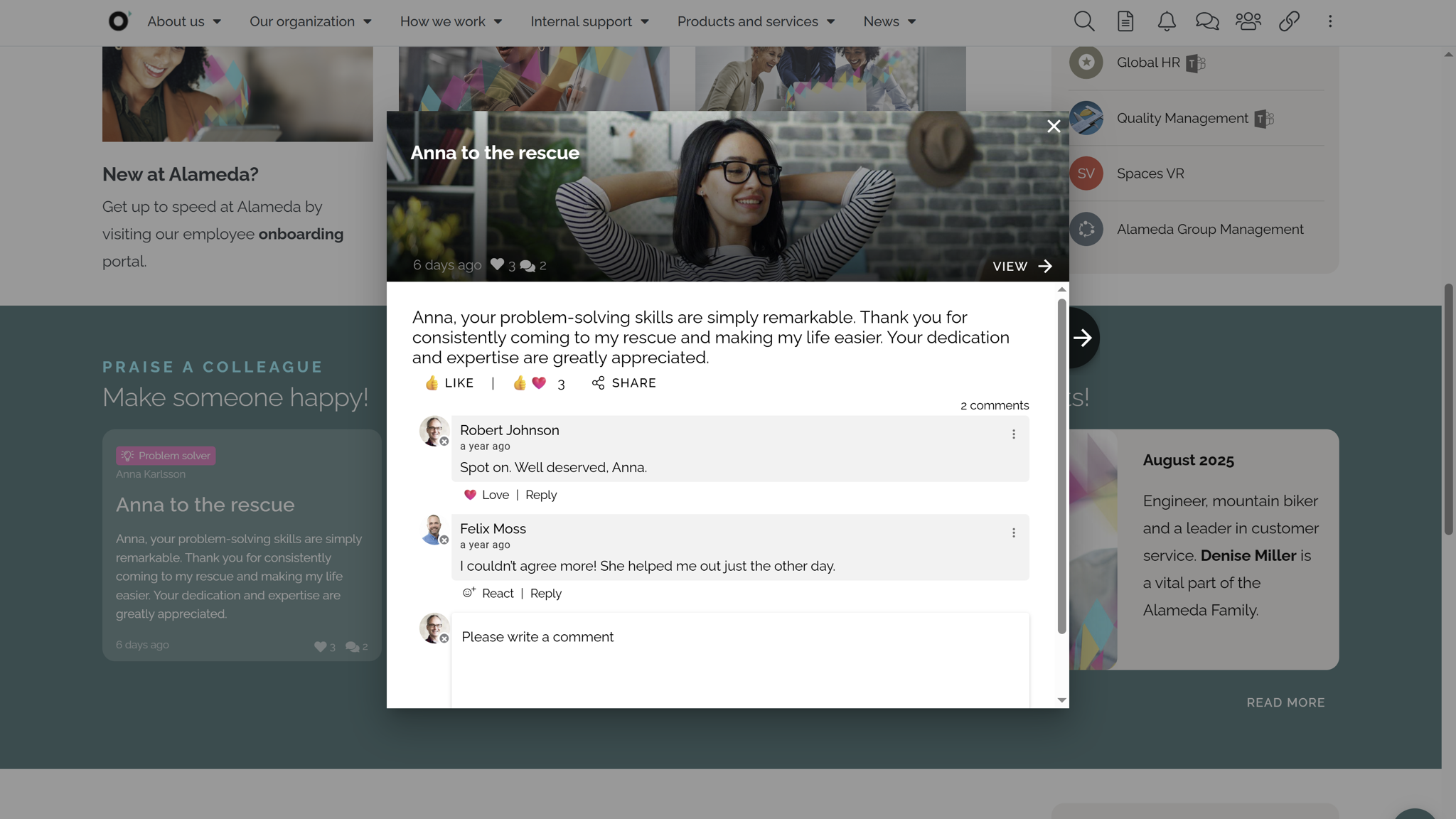 Social intranet solution with employee recognition tools such as peer-to-peer praise posts to strengthen culture and engagement.