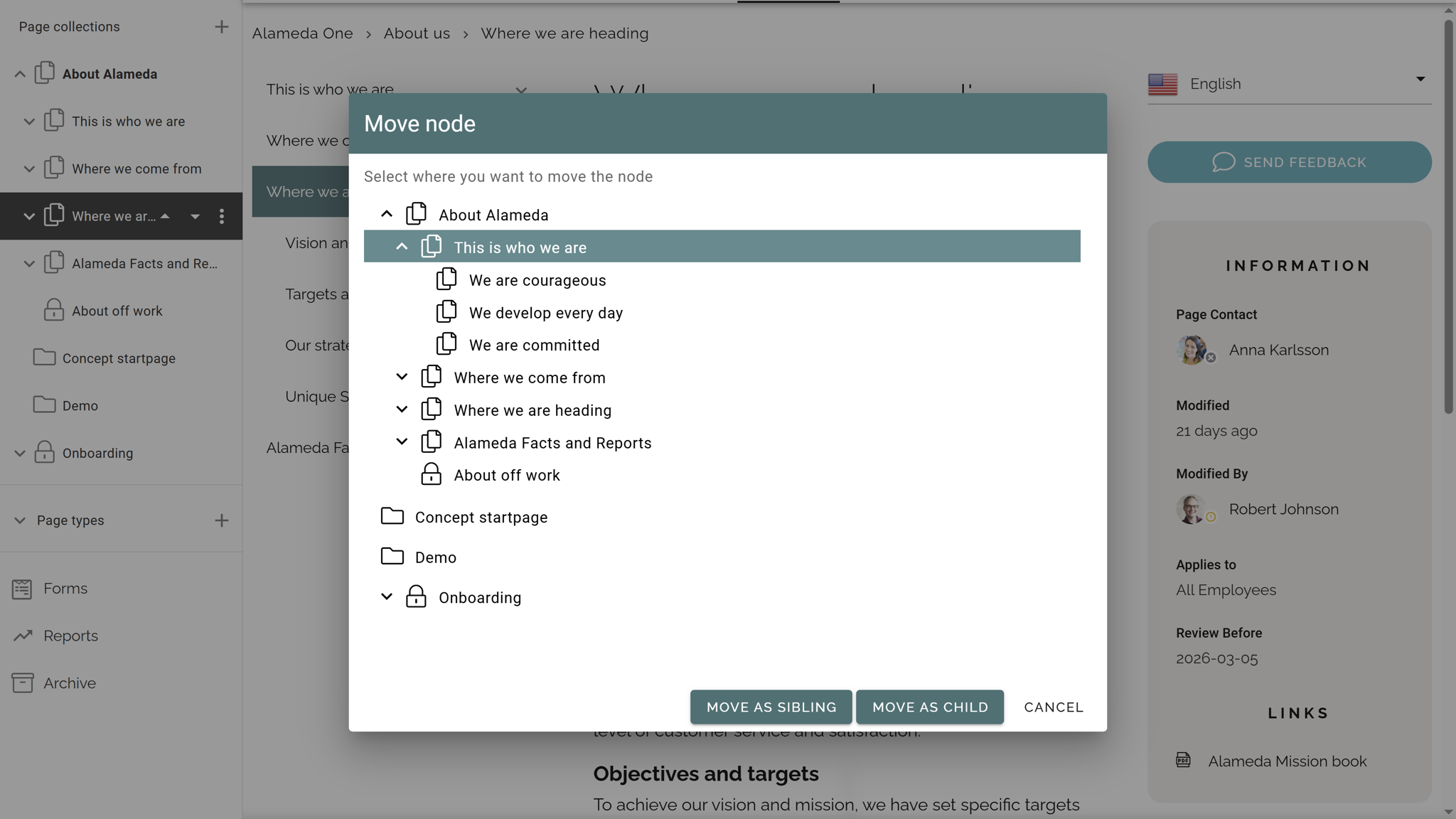 Screenshot showing intranet navigation editor with global and section-level menus to enhance user experience and support flexible information architecture.