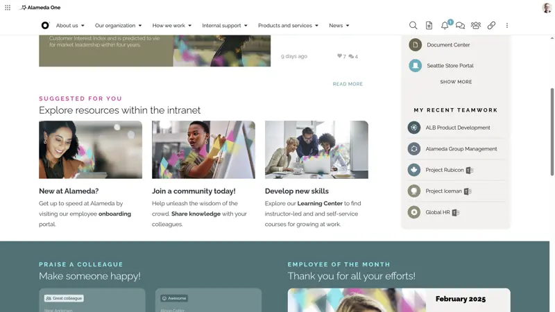 Personalized intranet dashboard with AI-powered recommendations designed to improve the employee experience and maximize intranet value.