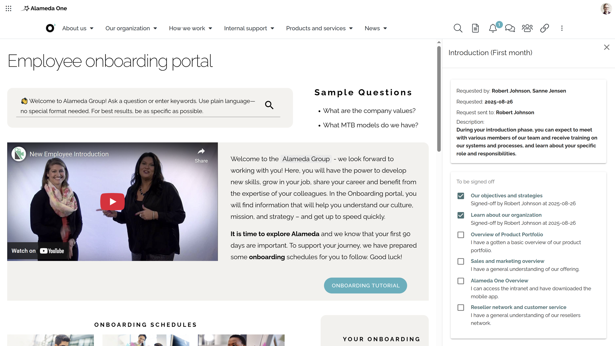Intranet website feature example with structured onboarding schedules and employee engagement tools.