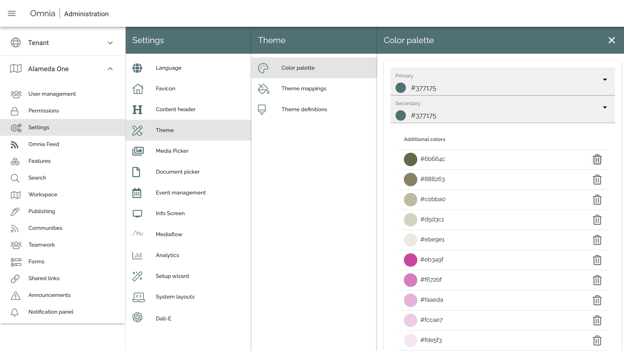 SharePoint Intranet Example: Branding settings page for customizing intranet themes and layout templates.