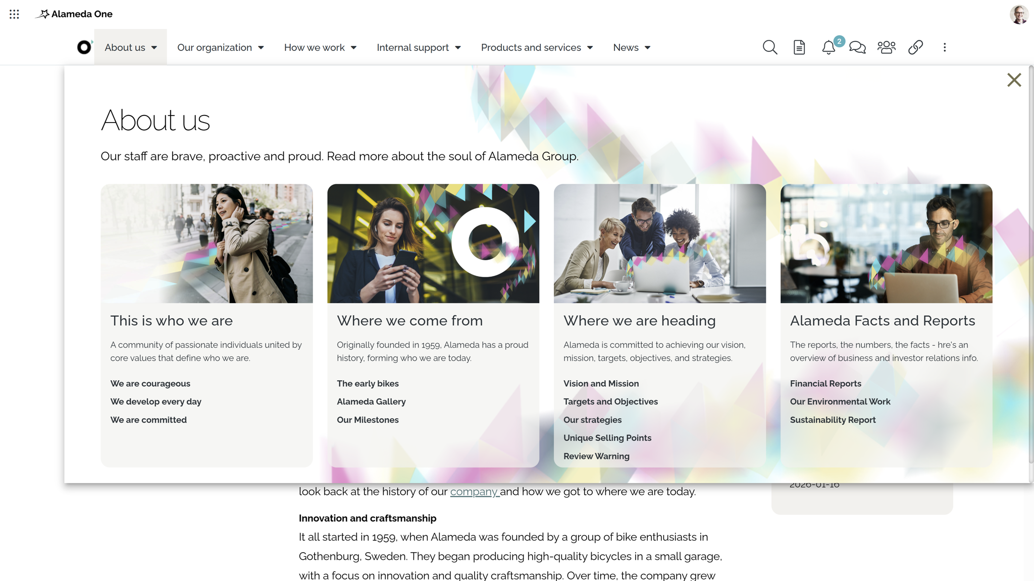 SharePoint intranet example: Role-based navigation using dynamic mega menu and directories.