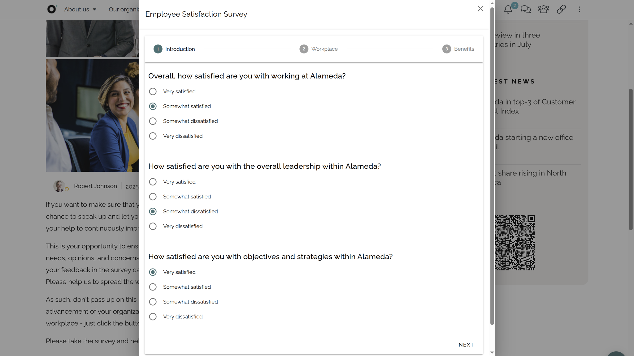 HR intranet example page featuring employee voice and engagement tools