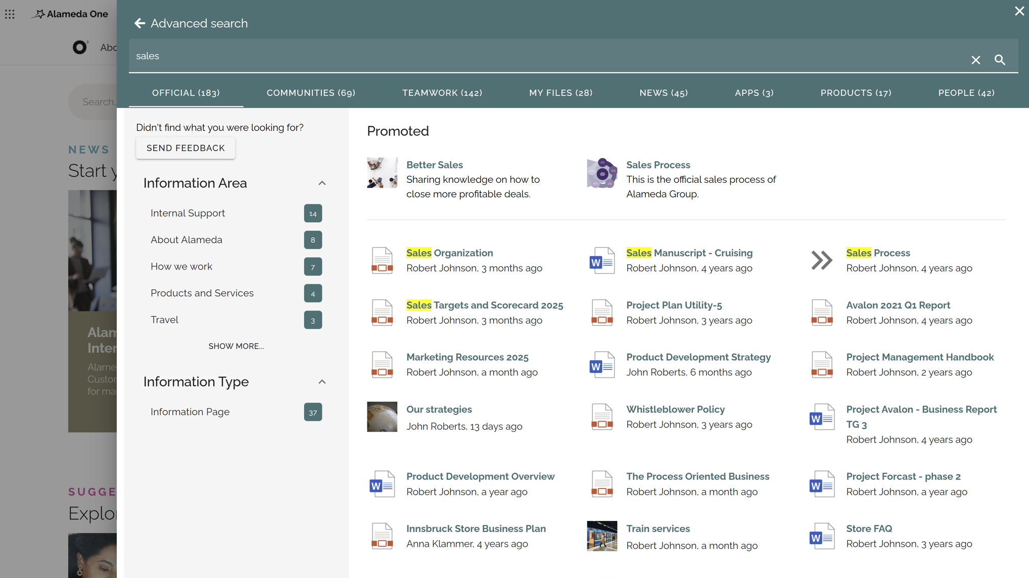 SharePoint Intranet Example: Smart search results page featuring filters, refiners, and promoted content blocks.