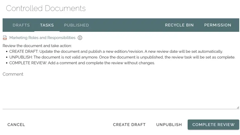 Task-based content review supporting knowledge management governance in an intranet platform