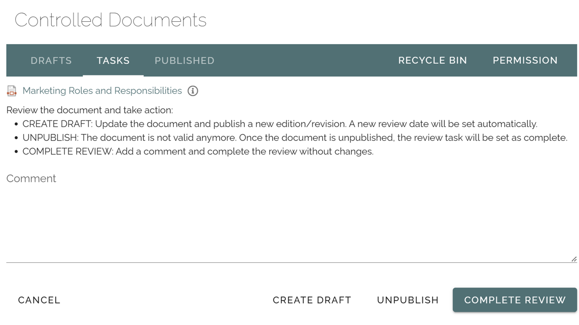 Task-based content review supporting knowledge management governance in an intranet platform