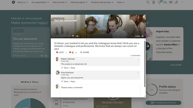 Employee recognition feed in a Microsoft 365 intranet with peer shout-outs and team highlights.