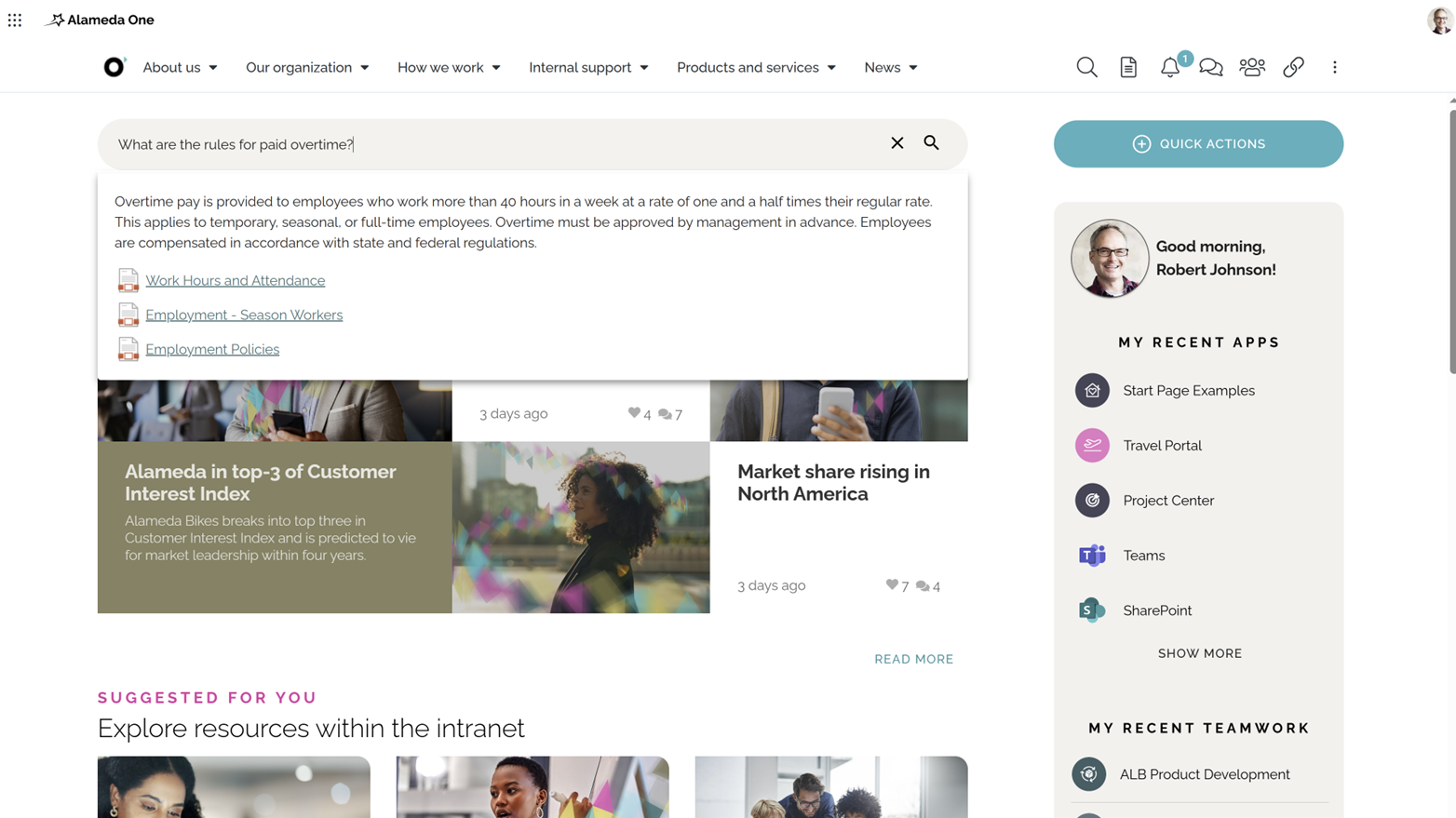 Corporate intranet example showing AI-powered search with suggested results and filters to improve productivity. Corporate intranet example showing AI-powered search with suggested results and filters to improve productivity.