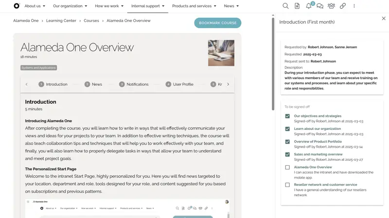 HR intranet site example with step-by-step onboarding and progress indicators