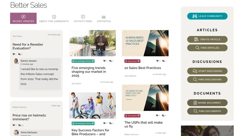 Corporate Intranet Software Example: Intranet community interface highlighting shared documents, team discussions, and expert blogs.