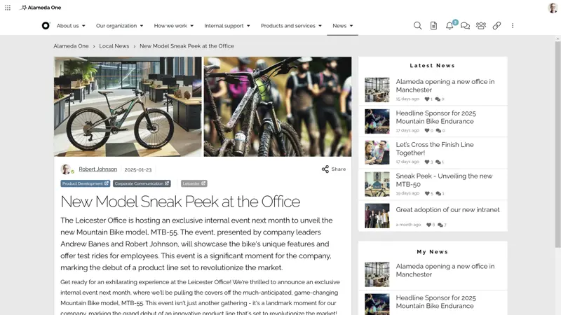 Modern intranet example: personalized news article targeted to employees by department and geographic location.