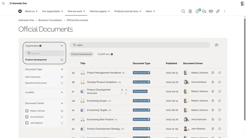 Microsoft 365 document center interface with search and filter options for controlled business documents.