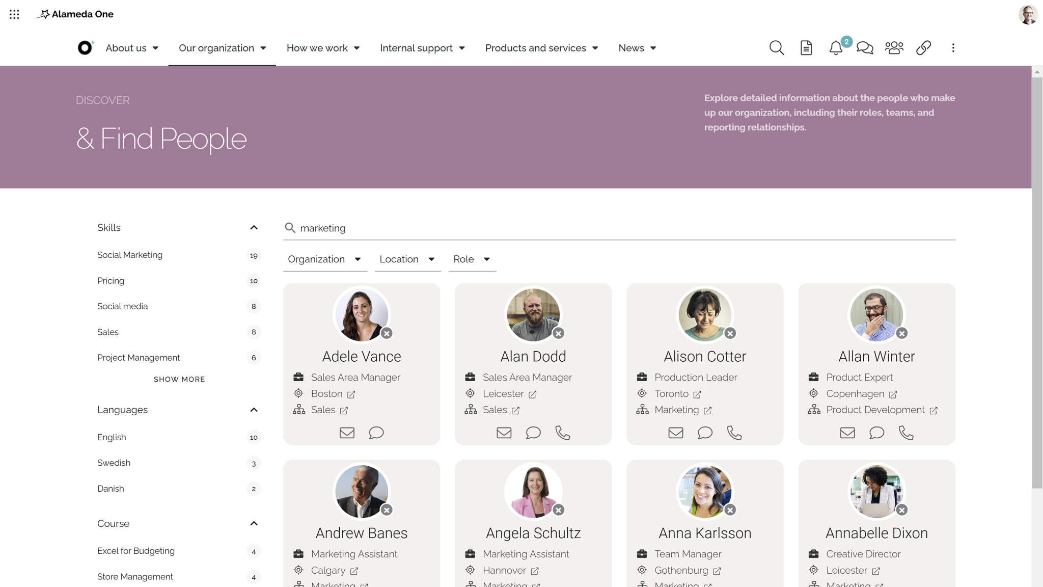 Modern intranet features example: people search tool with custom filters and refiners to locate colleagues and expertise.