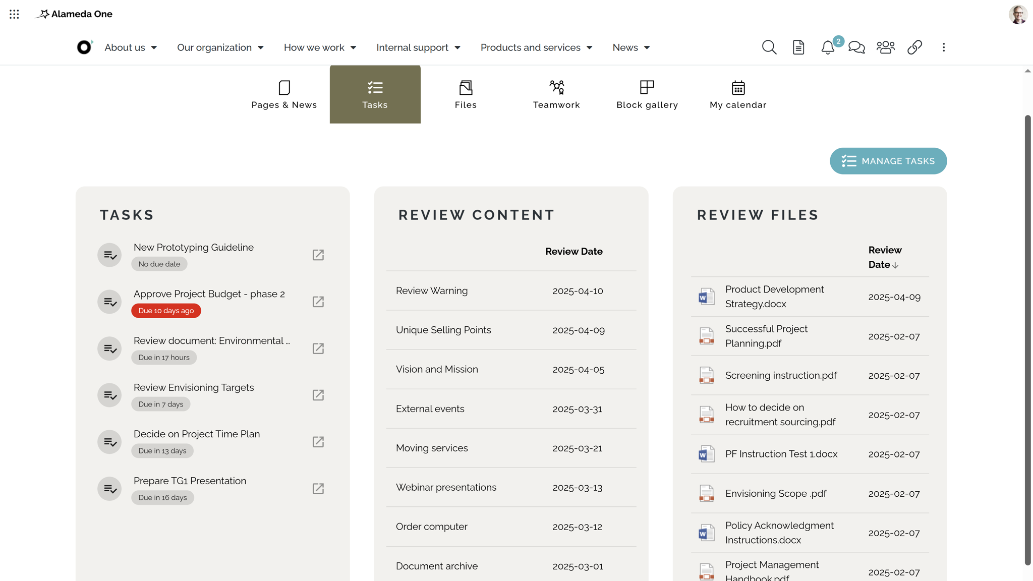 SharePoint intranet example: Customized intranet dashboard showing tasks, news, and content suggestions.