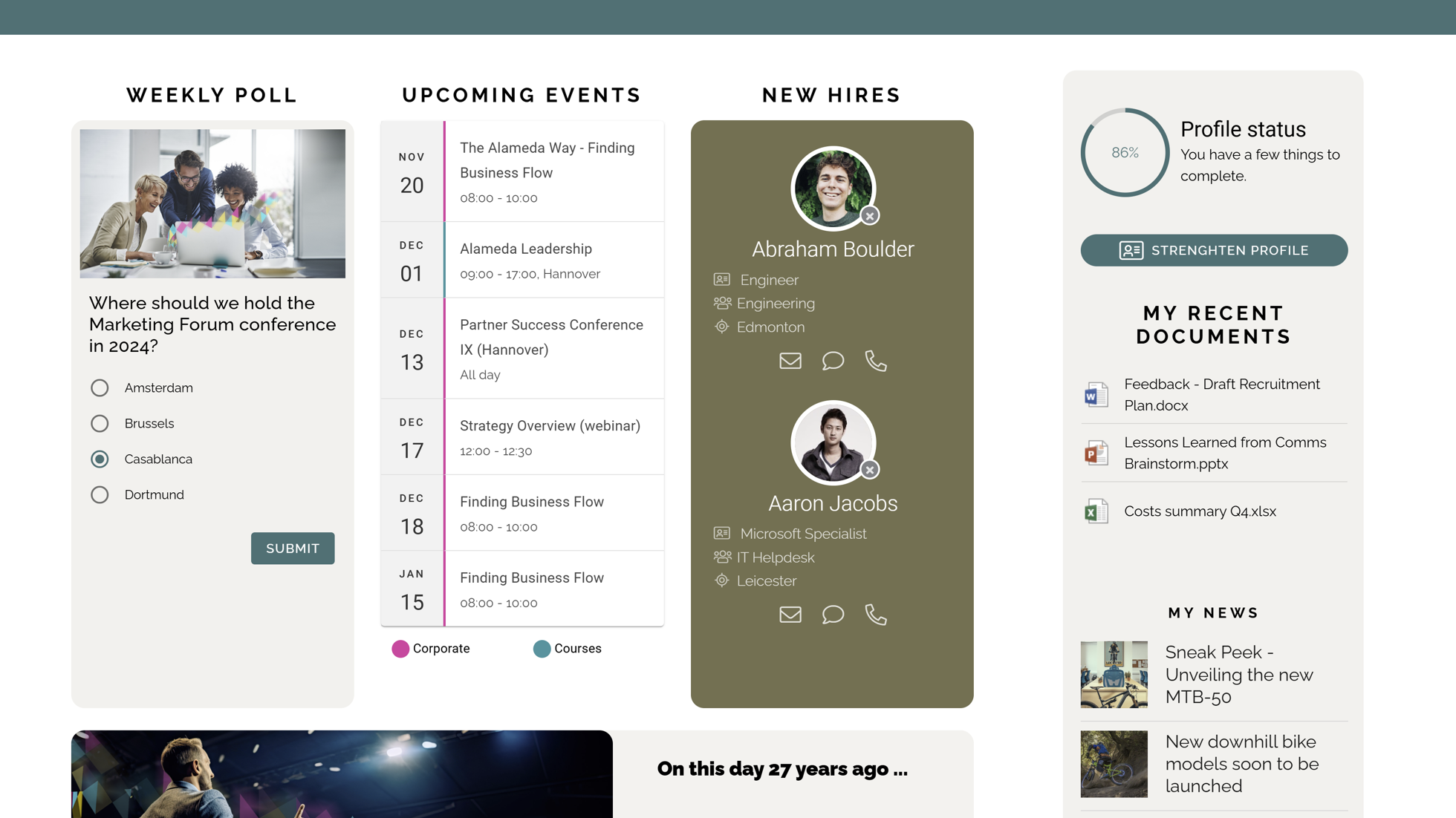 Corporate Intranet Software Example: Employee engagement widgets on the intranet homepage including polls, events, colleague updates, and content suggestions.