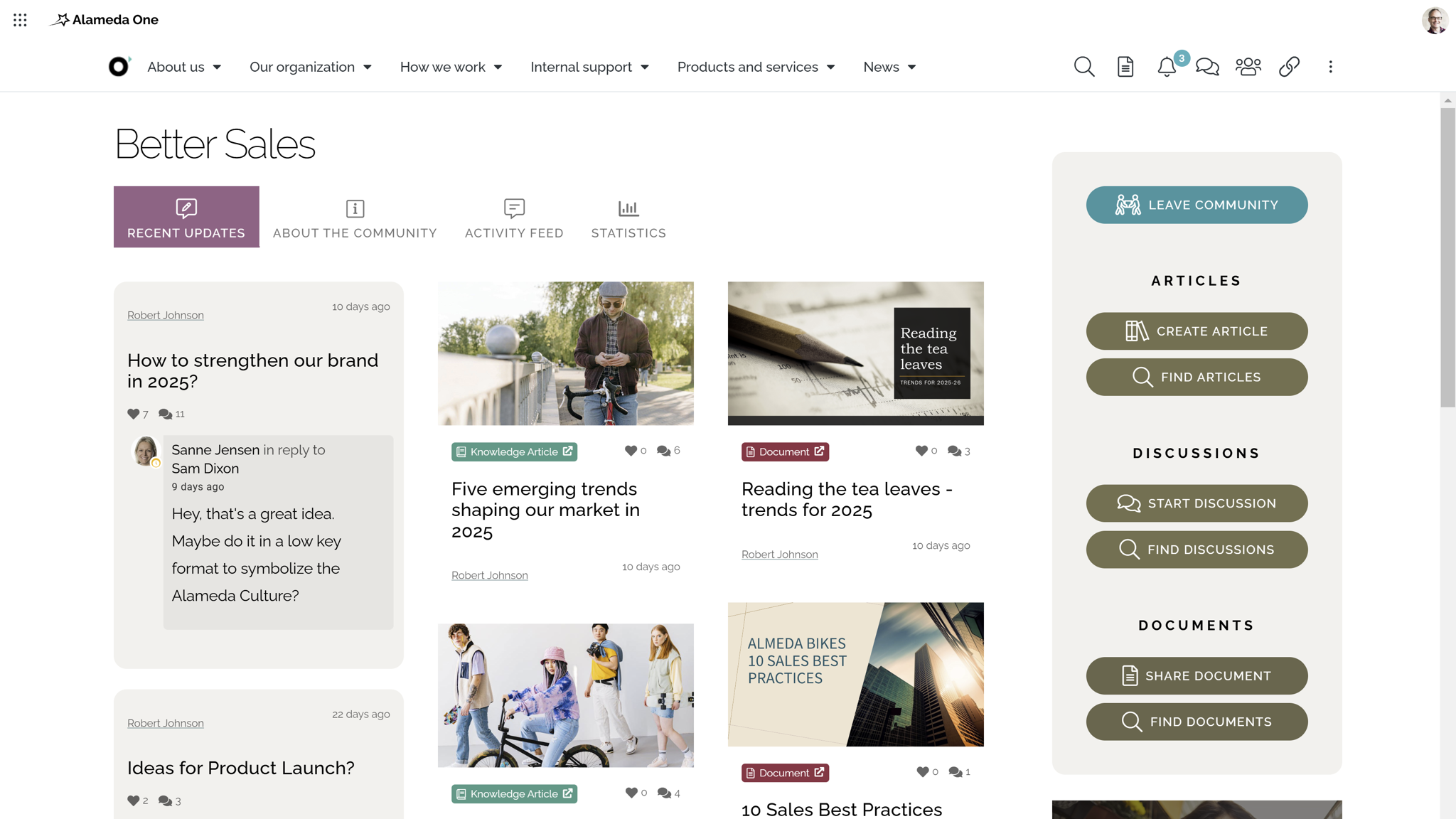 Modern intranet features example: intranet community workspace with documents, blog posts, and discussion threads.