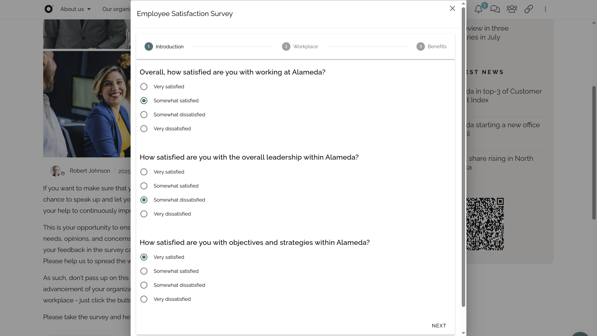 Employee intranet feedback module with survey results and suggestion submission options.
