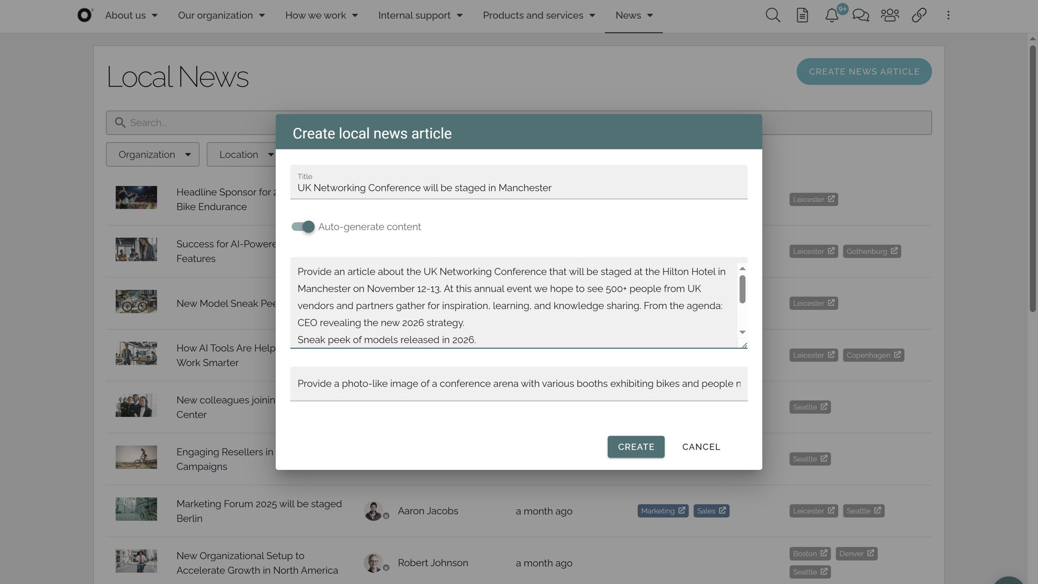 AI features in intranet showing AI-generated article drafts created from simple prompts.