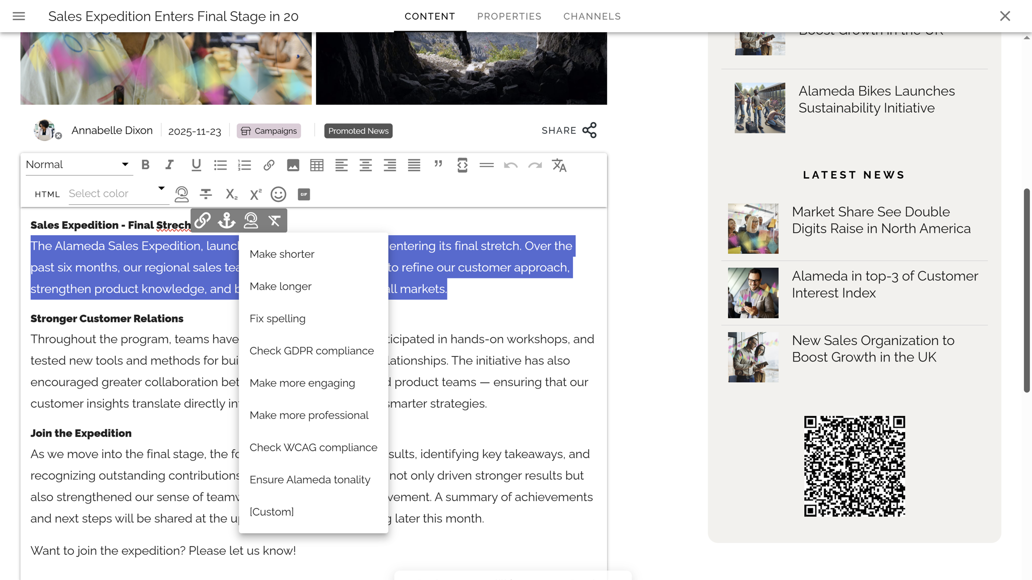 AI-assisted content optimisation in an intranet platform improving clarity and tone of internal news