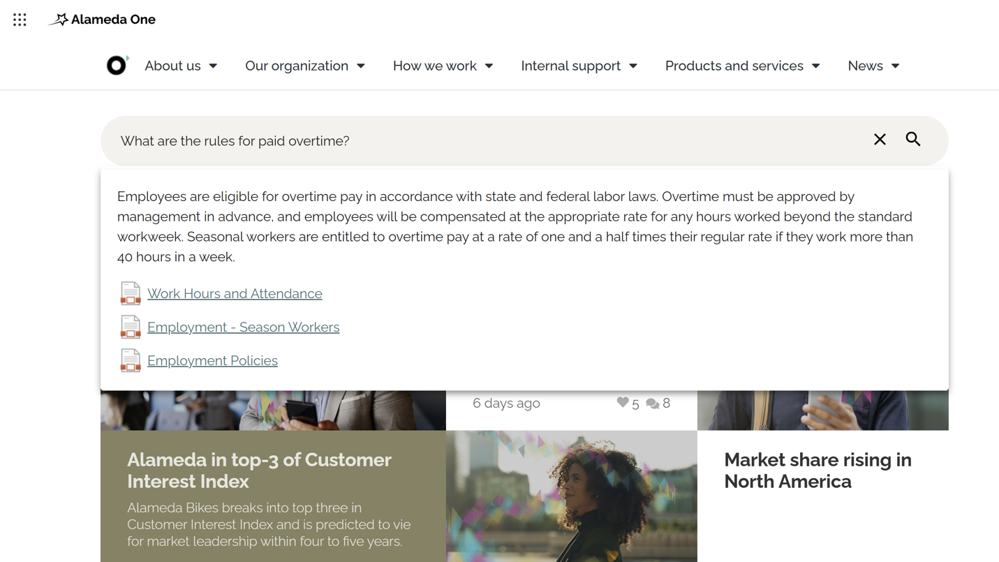 Intranet site search page using natural language queries and AI-powered filters to find documents and resources.