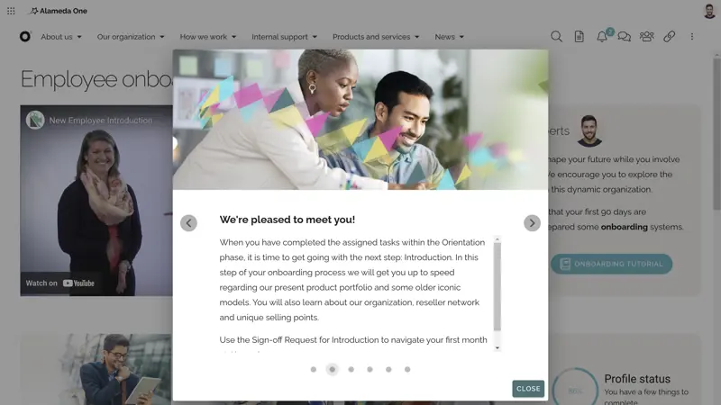 Guided intranet onboarding tutorial supporting employee experience best practices within an intranet planning framework.