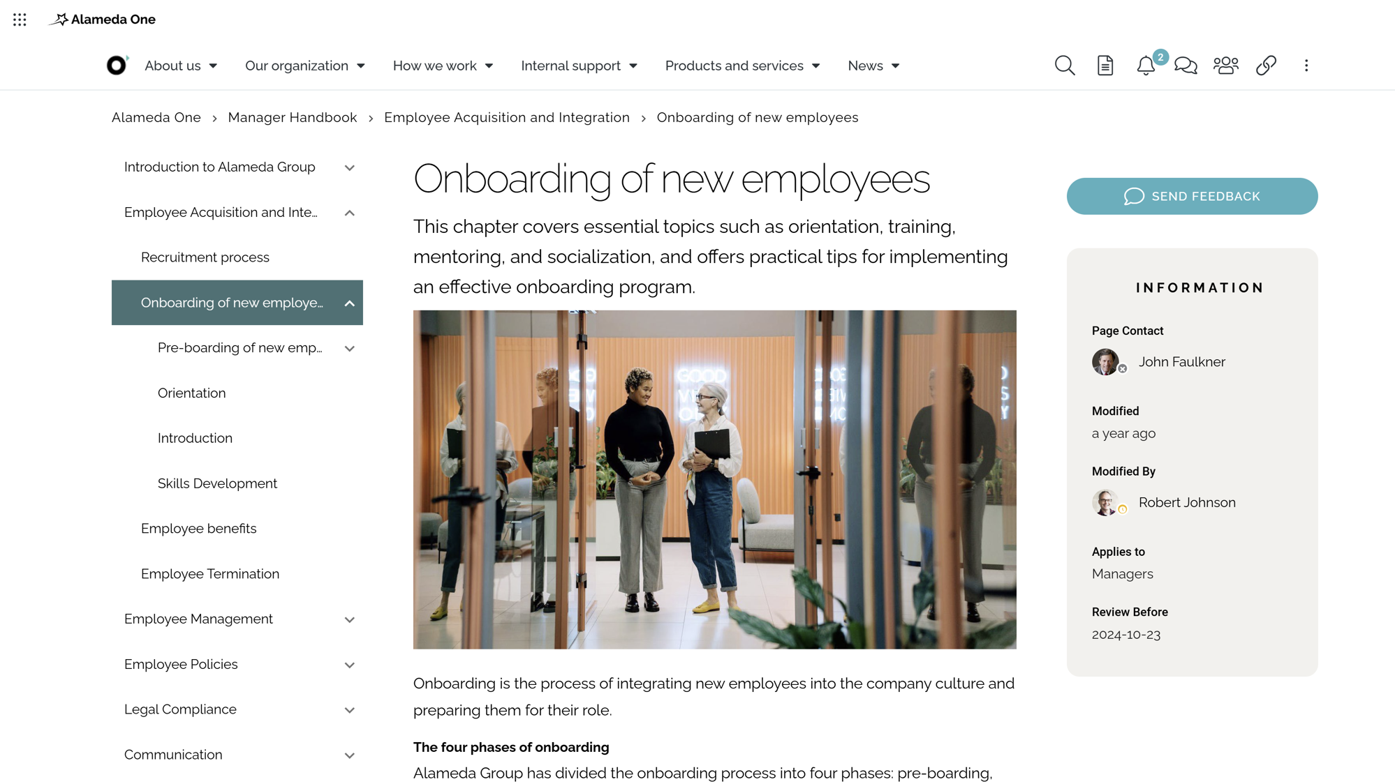 HR Intranet showing a page from the Manager Handbook