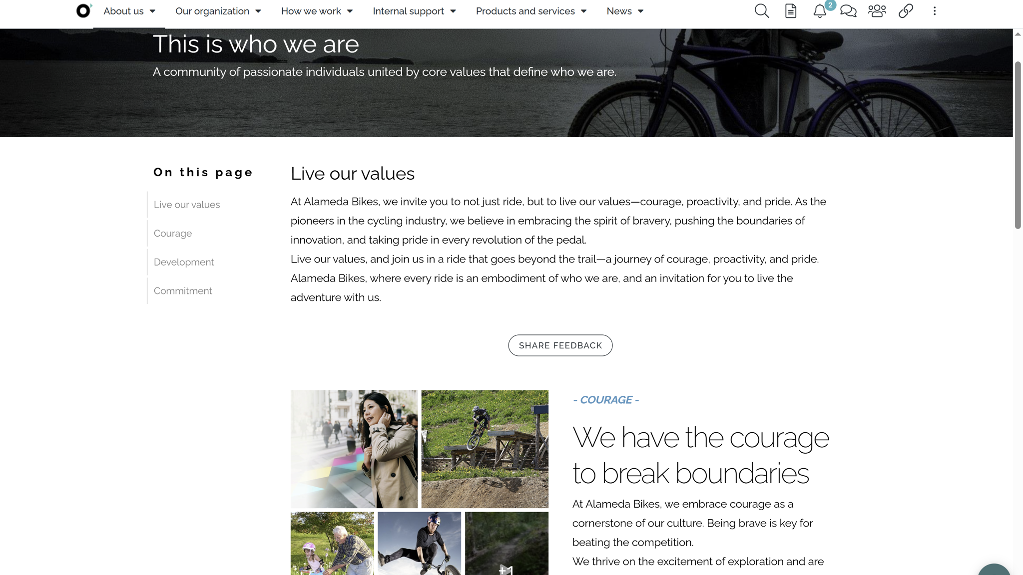 HR intranet example with visual storytelling about organizational culture