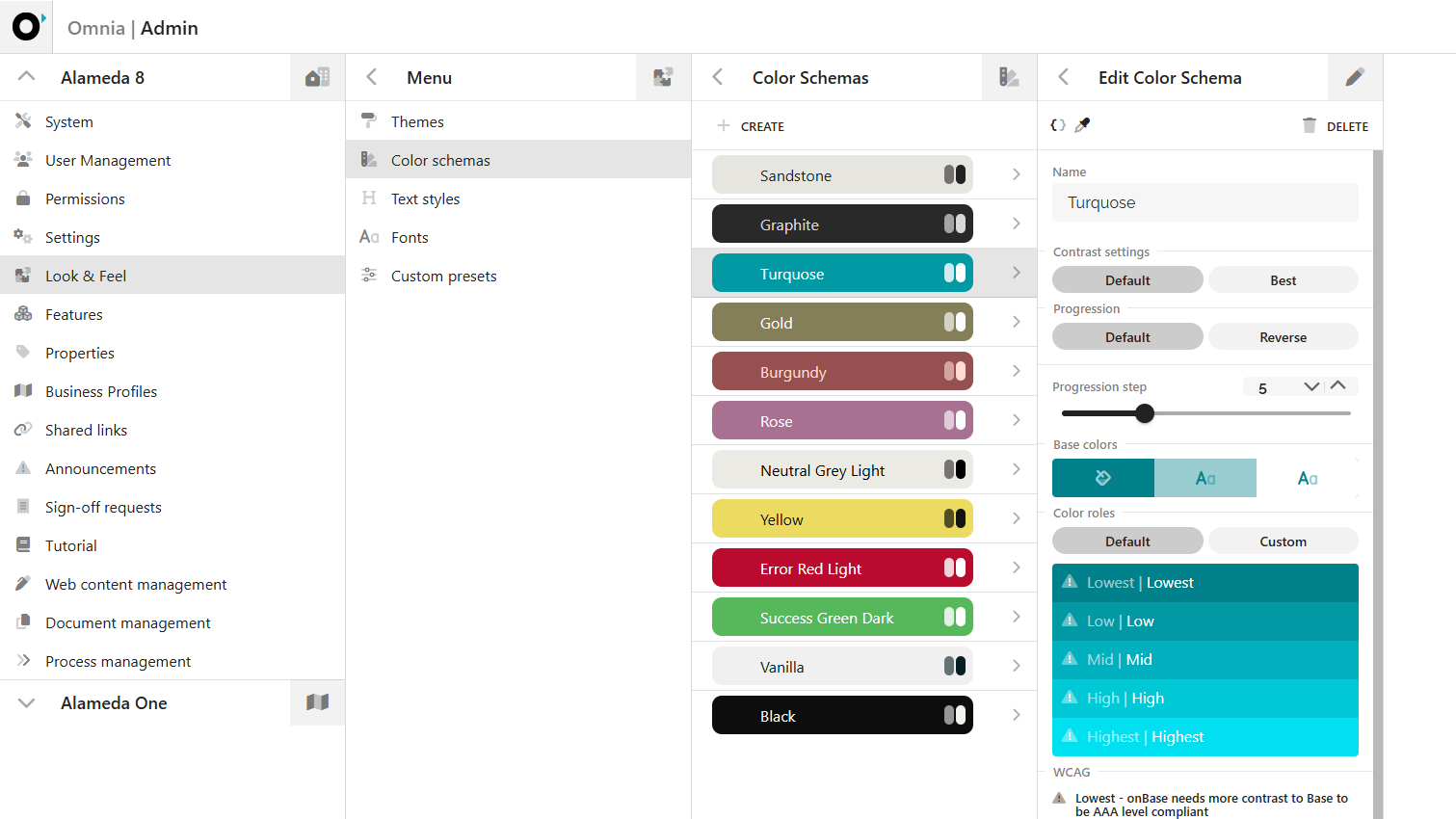 Admin console showing intranet platform management tools for branding, theming, and governance configuration