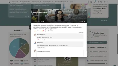 Intranet recognition feature highlighting employee achievements and peer-to-peer appreciation.