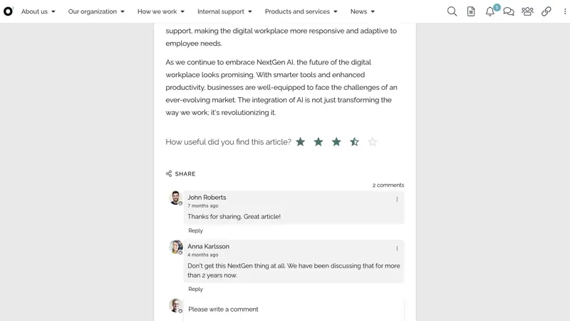 Intranet engagement features allowing employees to rate knowledge articles, comment, and share content via Microsoft Teams and Viva Engage.