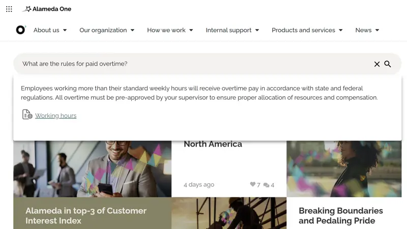 Intranet Homepage Example: Intranet homepage example with AI-powered semantic search and navigation filters.