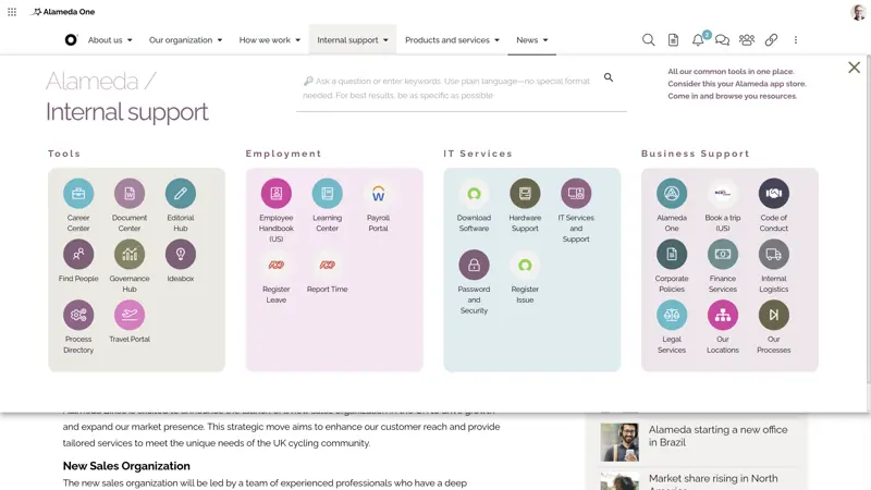 Intranet interface with mega menu navigation giving access to employee services like HR, IT, and Travel support.