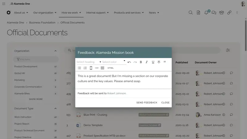 Intranet improvement scenario: Employee submitting feedback on intranet content — a key input for continuous intranet improvement.